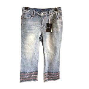 Flamingals straight leg jeans cropped embroidered Size Medium frayed hem New
